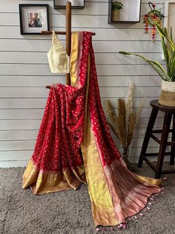 Suta - Women Red Pure Silk Bandhani Printed Saree with Unstitched Blouse