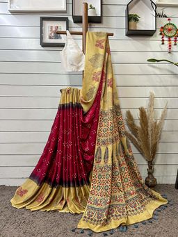 Suta - Women Maroon Pure Silk Bandhani Printed Saree Without Blouse