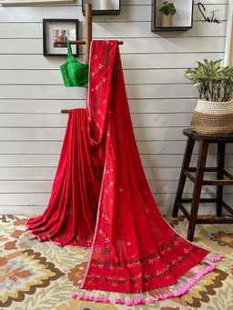 Suta - Women Red Cotton Handloom Saree with Unstitched Blouse