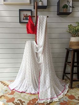 Suta - Women White Cotton Polka Dot Printed Saree Without Blouse