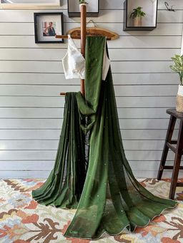 Suta - Women Green Cotton Embellished Gota Work Border Saree Without Blouse