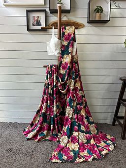 Suta - Women Multi-Color Viscose Floral Printed Sequined Border Saree Without Blouse