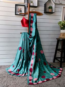 Suta - Women Teal Pure Silk Floral Embroidered Saree with Unstitched Blouse