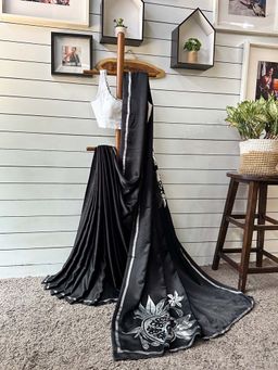 Suta - Women Black Viscose Gold Foil Floral Printed Saree Without Blouse