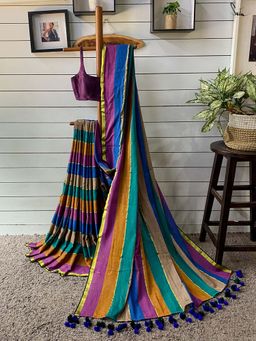 Suta - Women Multi-Color Cotton Stripes Handloom Saree Without Blouse