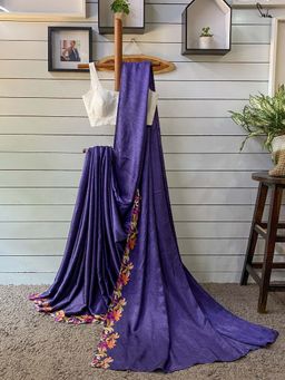 Suta - Women Ink Navy Blue Cotton Floral Printed Saree Without Blouse