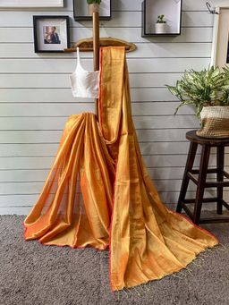 Suta - Women Golden Polyester Solid Saree Without Blouse