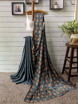 Suta - Women Dark Teal Viscose Printed Saree Without Blouse