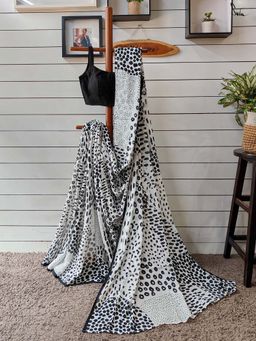 Suta - Women White and Black Viscose Animal Printed Saree Without Blouse