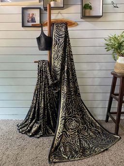 Suta - Women Black and Gold Viscose Floral Printed Saree Without Blouse