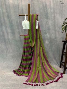 Suta - Women Green and Pink Cotton Stripes Saree Without Blouse