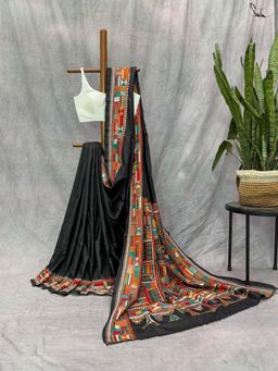 Suta - Women Black Pure Silk Embroidered Saree Without Blouse