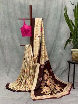 Suta - Women Coffee Brown Pure Silk Floral Printed Saree Without Blouse