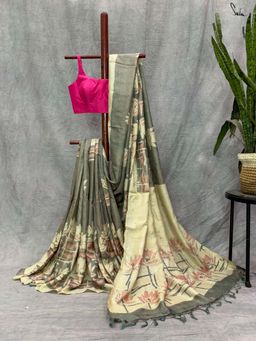 Suta - Women Olive Pure Silk Floral Printed Saree Without Blouse