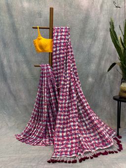 Suta - Women Purple Cotton Checks Printed Saree with Unstitched Blouse