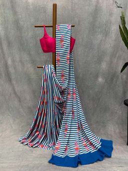 Suta - Women Blue Cotton Stripes Printed Saree with Unstitched Blouse