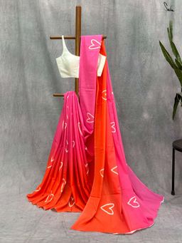 Suta - Women Pink and Orange Cotton Printed Saree Without Blouse