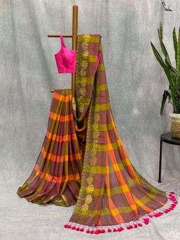 Suta - Women Multi-Color Cotton Checks Woven Saree Without Blouse