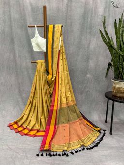 Suta - Women Mustard Cotton Woven Handloom Saree Without Blouse