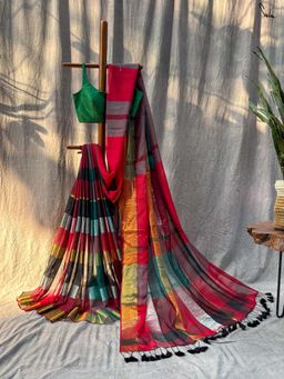Suta - Women Multi-Color Cotton Checks Handloom Saree Without Blouse