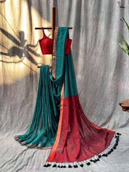 Suta - Women Teal Cotton Handloom Saree Without Blouse