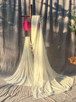 Suta - Women White Cotton Solid Plain Saree Without Blouse