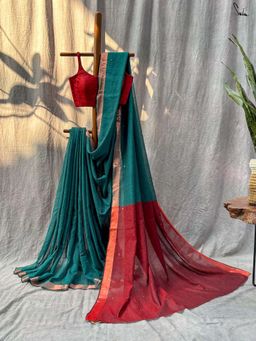 Suta - Women Teal Cotton Woven Handloom Saree Without Blouse