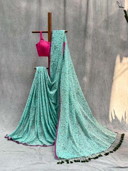 Suta - Women Sea Green Cotton Floral Printed Saree Without Blouse