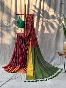 Suta - Women Maroon Cotton Floral Woven Saree Without Blouse