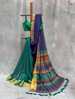 Suta - Women Teal and Navy Blue Cotton Woven Sequined Saree Without Blouse