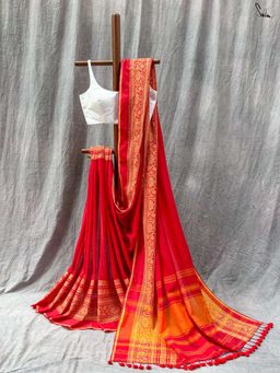 Suta - Women Red Cotton Woven Handloom Saree Without Blouse