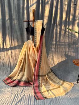 Suta - Women Beige Cotton Woven Handloom Saree with Unstitched Blouse