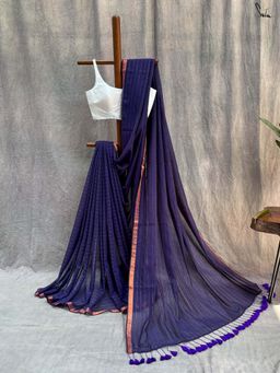 Suta - Women Navy Blue Cotton Stripes Woven Saree Without Blouse