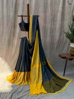 Suta - Women Charcoal and Yellow Cotton Handloom Saree with Unstitched Blouse