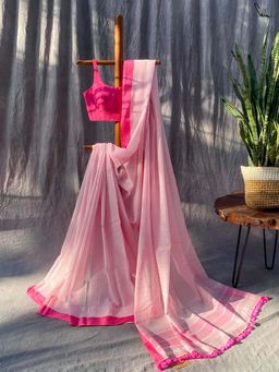 Suta - Women Baby Pink Cotton Checks Handloom Saree Without Blouse