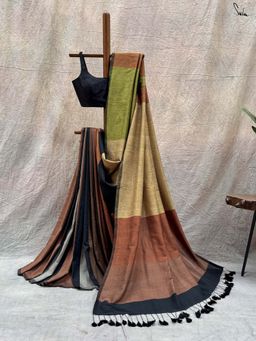 Suta - Women Multi-Color Cotton Colorblock Handloom Saree with Unstitched Blouse
