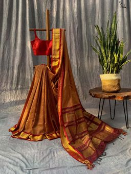Suta - Women Brown Cotton Checks Woven Saree with Unstitched Blouse