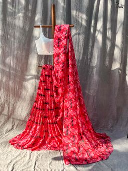 Suta - Women Red Cotton Printed Saree Without Blouse