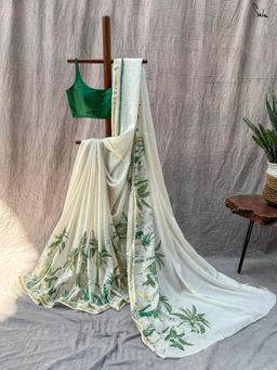 Suta - Women Off White and Green Cotton Foil Printed Saree Without Blouse