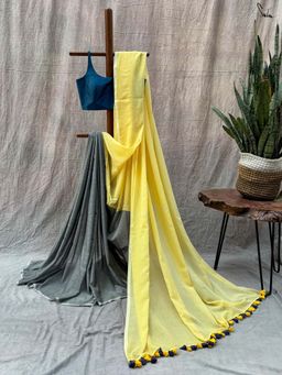 Suta - Women Grey and Yellow Cotton Colorblock Saree Without Blouse