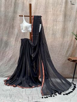 Suta - Women Black Cotton Stripes Printed Saree Without Blouse