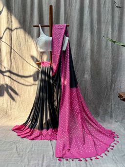 Suta - Women Black and Pink Cotton Bandhani Printed Saree Without Blouse