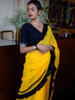 Suta - Women Yellow Cotton Solid Saree Without Blouse