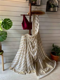Suta - Women White Cotton Zari Woven Saree with Unstitched Blouse