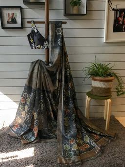 Suta - Women Grey Pure Silk Floral Printed Saree with Unstitched Blouse