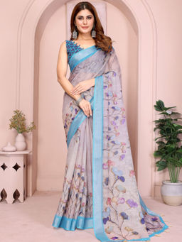 Odette - Women Grey Cotton Blend Saree with Unstitched Blouse Piece