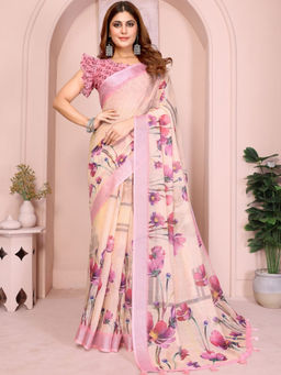 Odette - Women Cream Cotton Blend Saree with Unstitched Blouse Piece