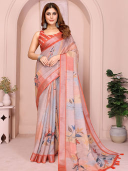 Odette - Women Peach Cotton Blend Saree with Unstitched Blouse Piece