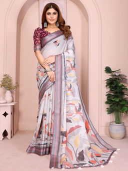 Odette - Women Grey Cotton Blend Saree with Unstitched Blouse Piece
