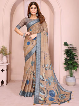 Odette - Women Brown Cotton Blend Saree with Unstitched Blouse Piece